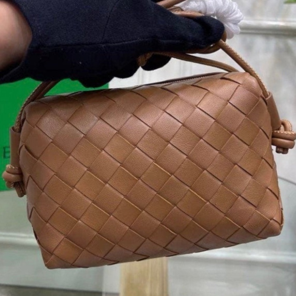 New! Cognac Leather Mini Loop Intrecciato Camera Bag Zipper Pouch Crossbody